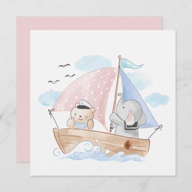 CONGRATULATIONS : BOAT WITH  ELEPHANT & BABY BEAR (Front/Back)