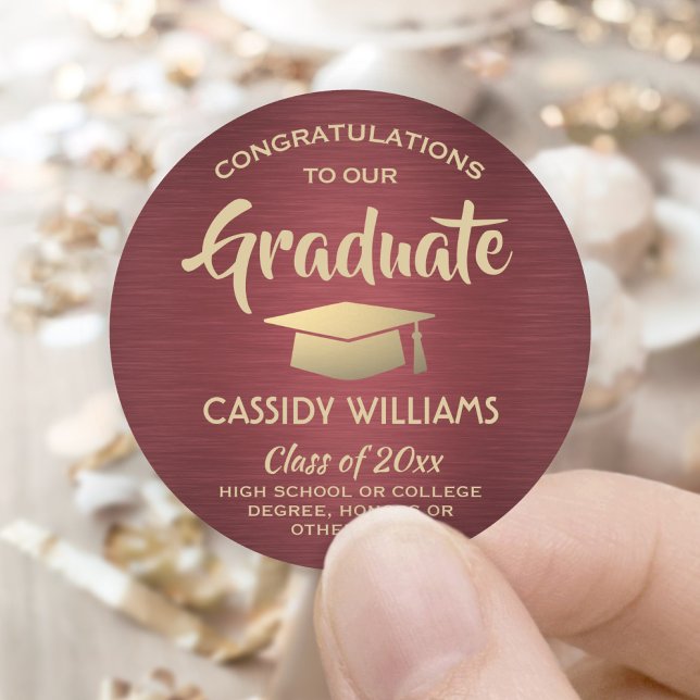 Congratulations Brushed Burgundy & Gold Graduation Classic Round Sticker (Creator Uploaded)