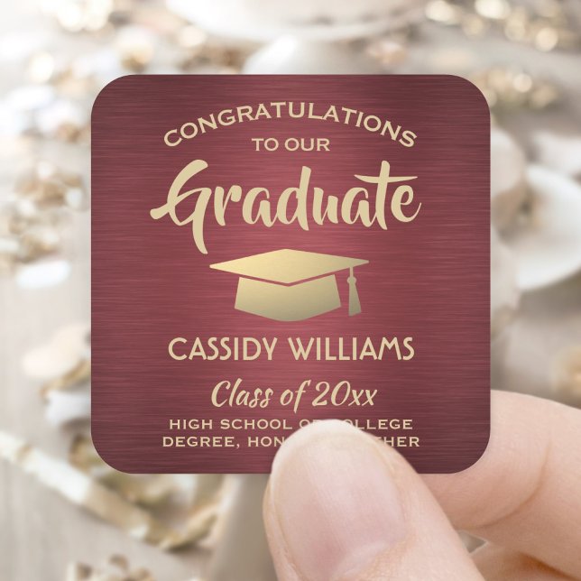 Congratulations Brushed Burgundy & Gold Graduation Square Sticker (Creator Uploaded)