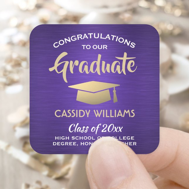 Congratulations Brushed Purple and Gold Graduation Square Sticker (Creator Uploaded)