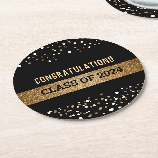 Congratulations Class of 2024 Black Gold  Round Paper Coaster (Angled)