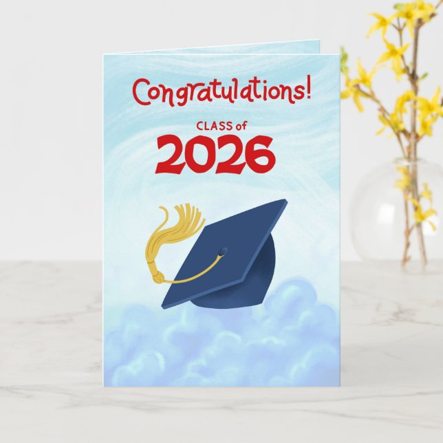 Congratulations Class of 2026 Blue Graduation Cap Card (Yellow Flower)