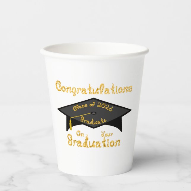 Congratulations Class of 2026 Graduate Black Cap Paper Cups (Front)