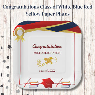 Congratulations Class of White Blue Red Yellow Paper Plate