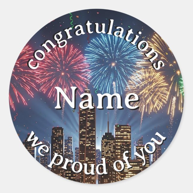Congratulations Custom Name Fireworks City Skyline Classic Round Sticker (Front)