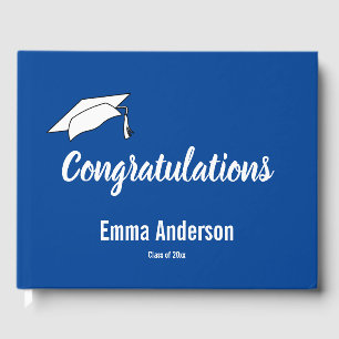 Congratulations Deep Blue and White Graduation Guest Book