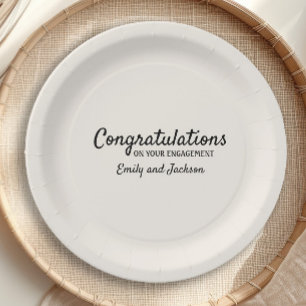 Congratulations Engagement Script Name Cream White Paper Plate
