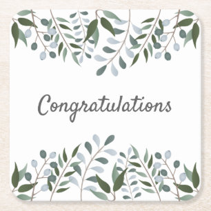 Congratulations Eucalyptus Greenery Floral Square Paper Coaster