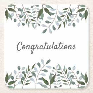 Congratulations Eucalyptus Greenery Floral Square Paper Coaster
