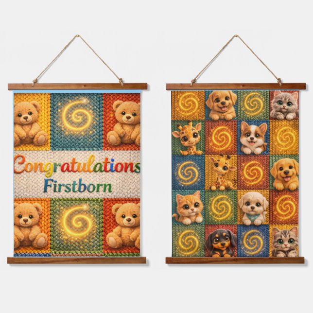 Congratulations, first born and cute animals knitt hanging tapestry (Double)