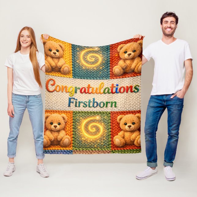 Congratulations, first born cozy knitted style ted fleece blanket (In Situ)