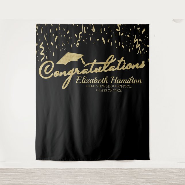 Congratulations Gold And Black Graduation Backdrop Tapestry (Front)