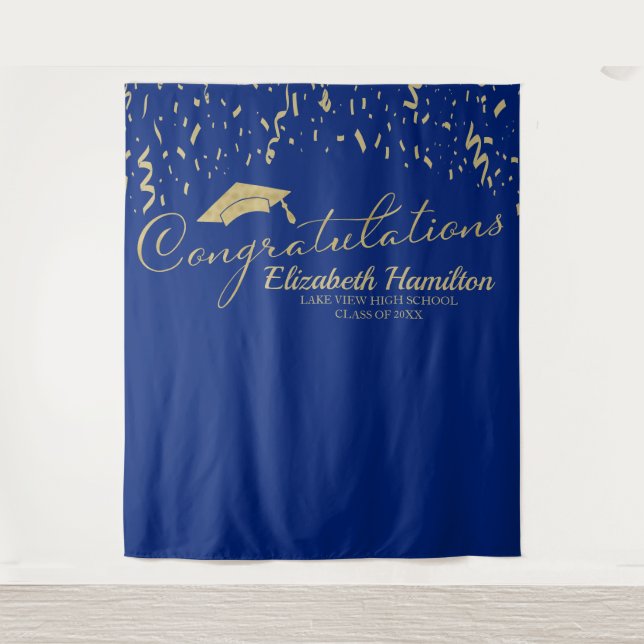 Congratulations Gold And Blue Graduation Backdrop Tapestry (Front)