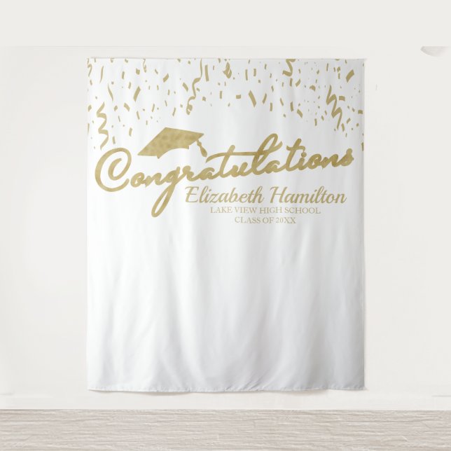 Congratulations Gold And White Graduation Backdrop Tapestry (Front)