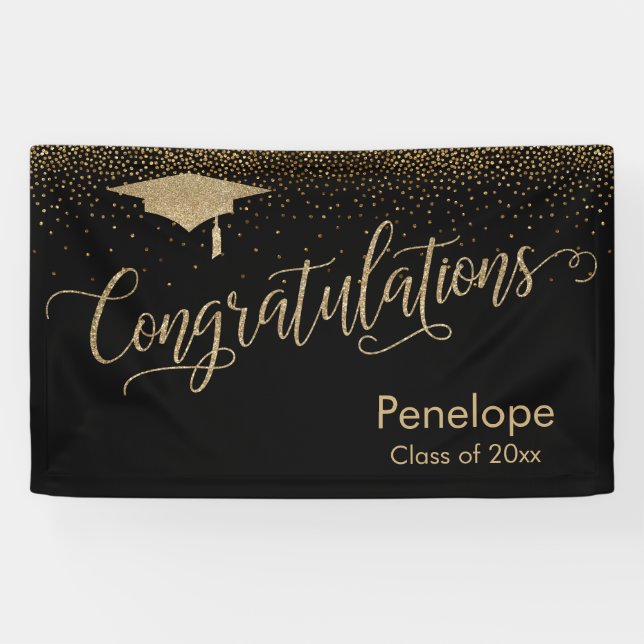 Congratulations Gold Confetti Graduation Black Banner (Horizontal)