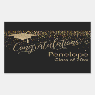 Congratulations Gold Confetti Graduation Black Rectangular Sticker