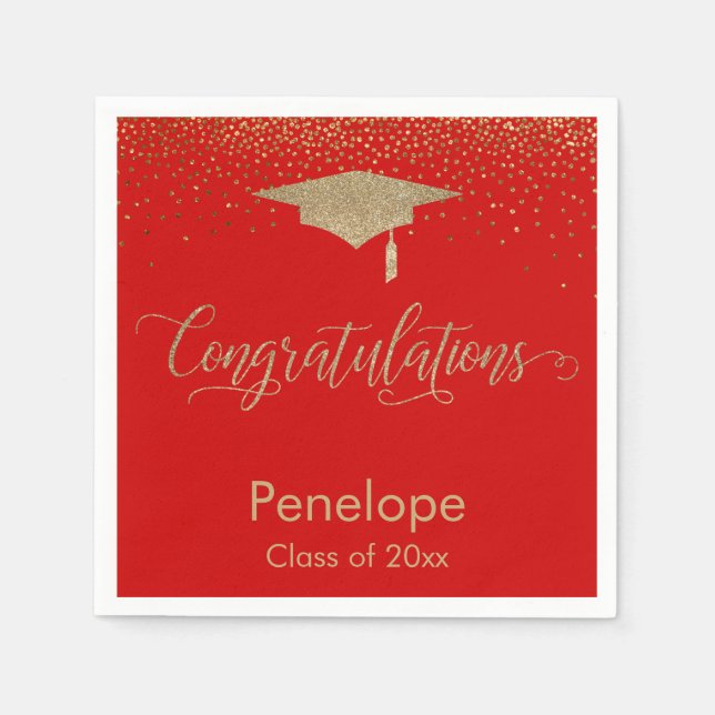 Congratulations Gold Confetti Graduation Cap Red Napkin (Front)