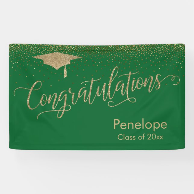 Congratulations Gold Confetti Graduation Green Banner (Horizontal)