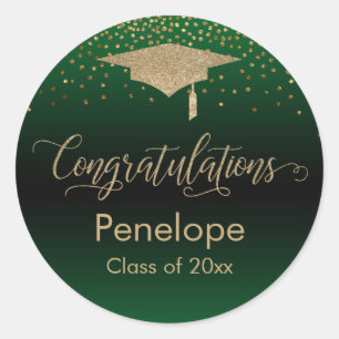 Congratulations Gold Confetti Graduation Green Classic Round Sticker