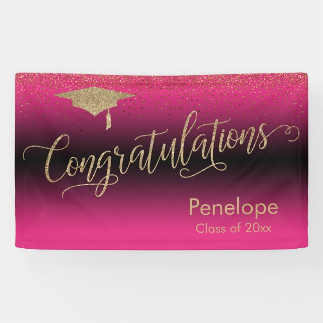 Congratulations Gold Confetti Graduation Hot Pink Banner (Horizontal)