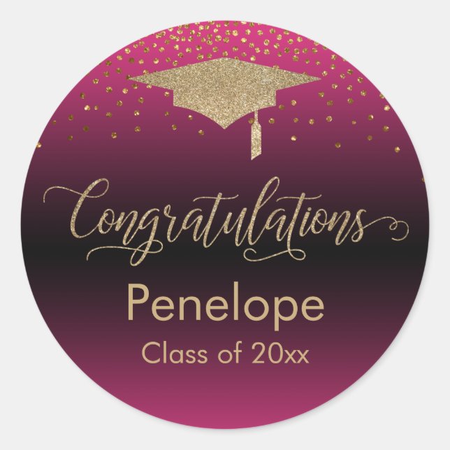 Congratulations Gold Confetti Graduation Hot Pink Classic Round Sticker (Front)
