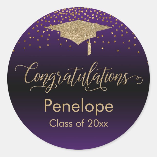 Congratulations Gold Confetti Graduation Purple Classic Round Sticker (Front)