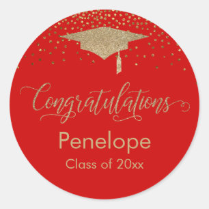 Congratulations Gold Confetti Graduation Red Classic Round Sticker