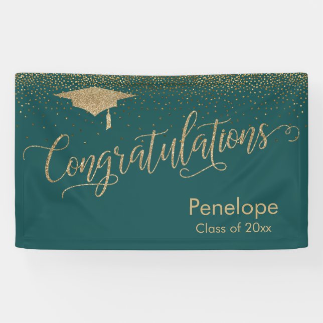 Congratulations Gold Confetti Graduation Teal Banner (Horizontal)