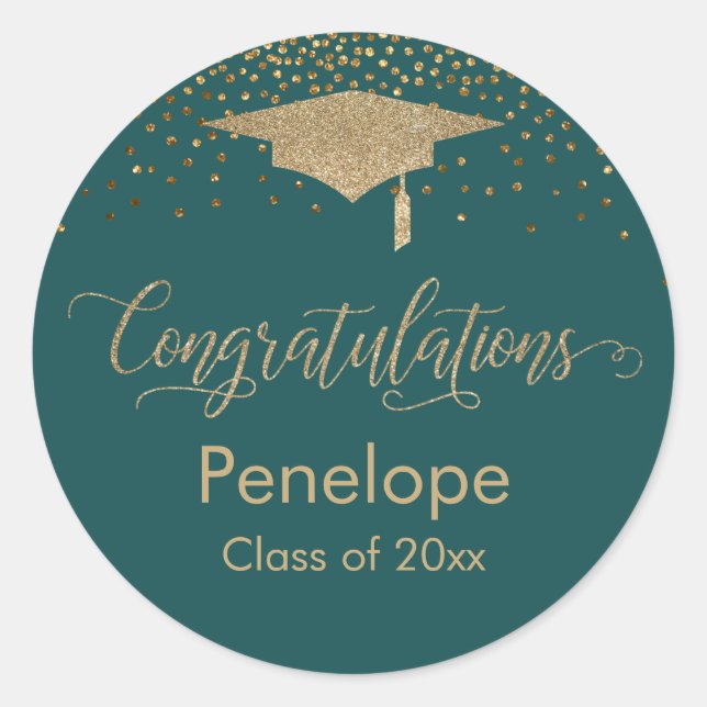 Congratulations Gold Confetti Graduation Teal Classic Round Sticker (Front)