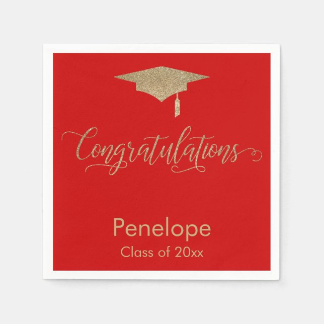 Congratulations Gold Glitter Graduation Cap, Red Napkin (Front)