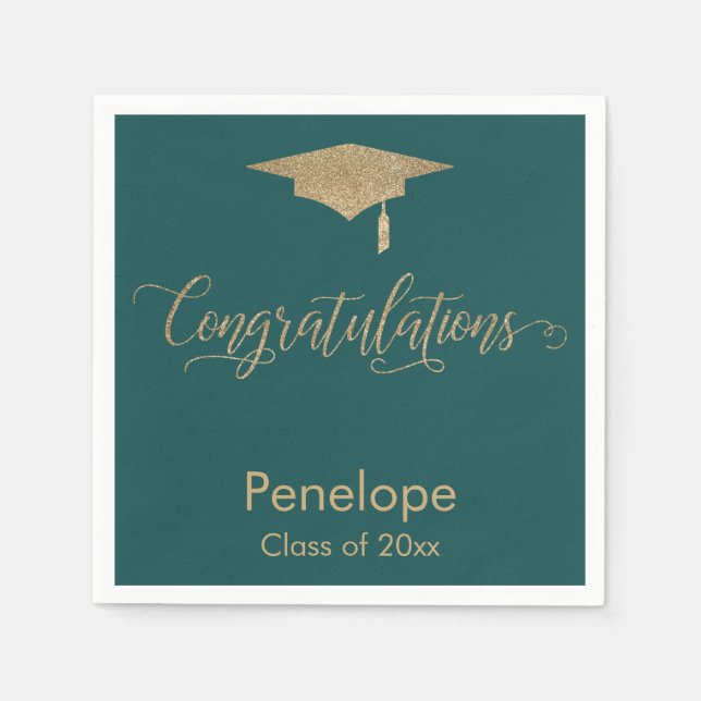 Congratulations Gold Glitter Graduation Cap Teal Napkin (Front)