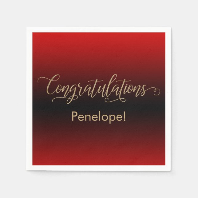 Congratulations Gold Glitter Red and Black Ombre Napkin (Front)