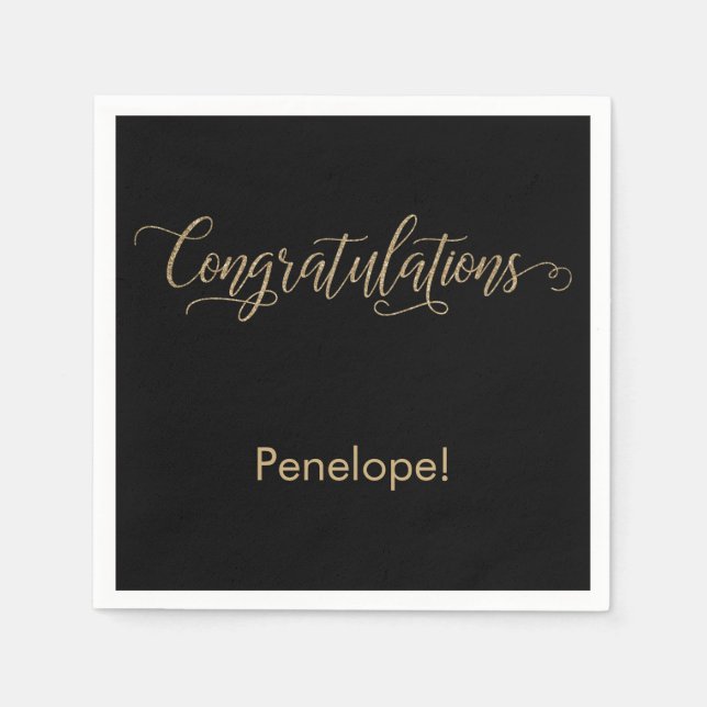 Congratulations Gold Glitter Typography on Black Napkin (Front)