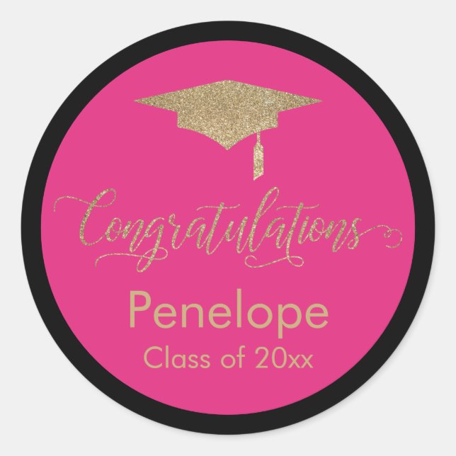 Congratulations Gold Graduation Cap Hot Pink Classic Round Sticker (Front)