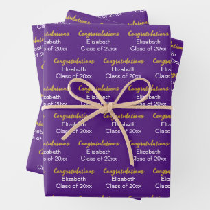 Congratulations Gold Purple Class of 2024 Name Wrapping Paper Sheet