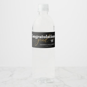 Congratulations Grad Black and Gold Script Water B Water Bottle Label