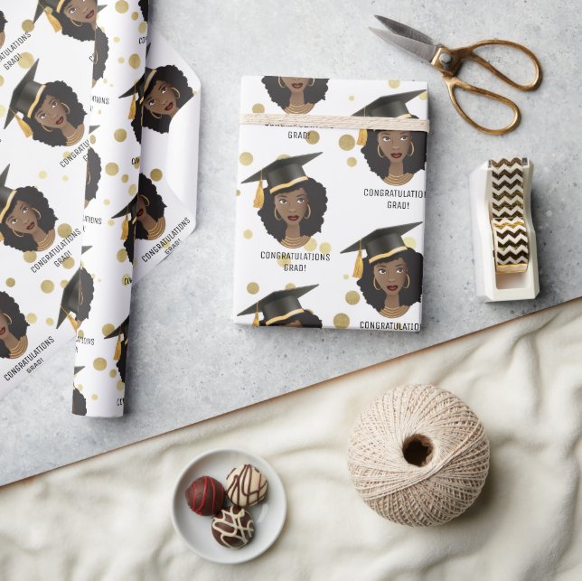 Congratulations Grad! Black Woman w/Graduation Cap Wrapping Paper (Crafts)