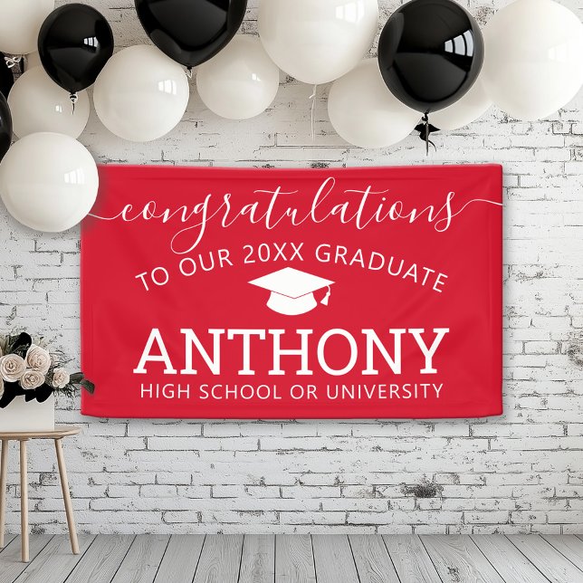 Congratulations Grad Graduate red white virtual Banner (Custom Graduation Banner for a Grad Party or Open House)