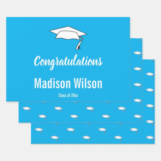 Congratulations Grad Name Blue White Graduation Wrapping Paper Sheet (Set)