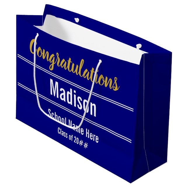 Congratulations Grad Name School Navy Blue White Large Gift Bag (Front Angled)