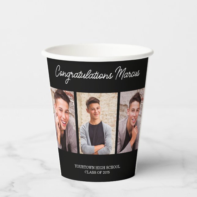 Congratulations Graduate Black 3 Photo Party Paper Cups (Front)