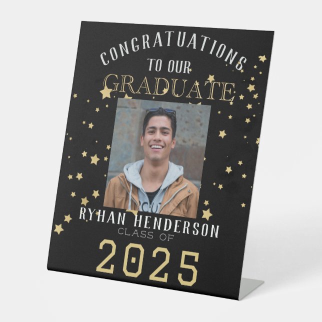 Congratulations Graduate Black Gold Photo  Pedestal Sign (Front)