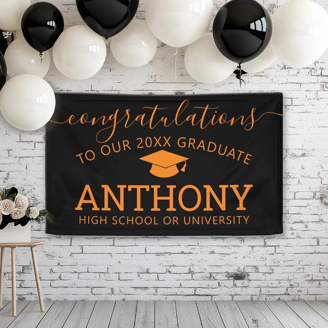 Congratulations Graduate black orange cap virtual Banner (Custom Graduation Banner for a Grad Party or Open House)