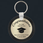 Congratulations Graduate Class of 2024 Black Gold Key Ring<br><div class="desc">Stylish script Graduation keychain. Announce to everyone that the newest graduate of the family is done with this colourful fun keychain. The class of 2024 is headed out into the world! Wish them good luck and best wishes! This modern black and gold keychain is customisable. Add in their year of...</div>