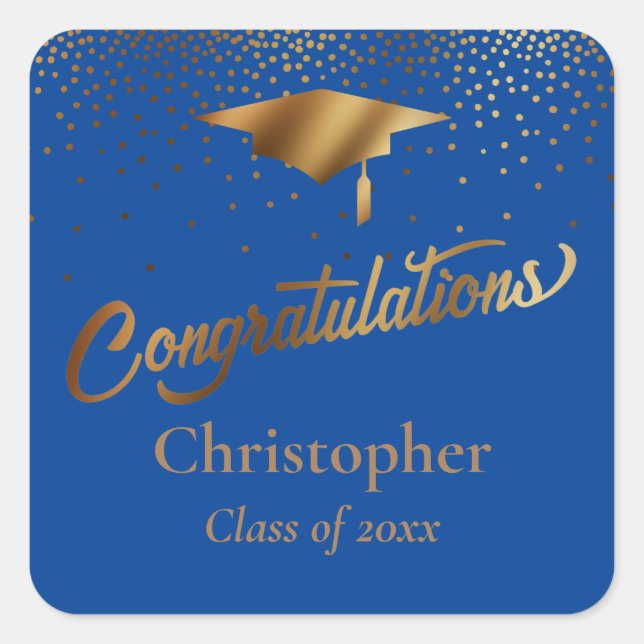 Congratulations Graduate, Class of Gold & Blue Square Sticker (Front)