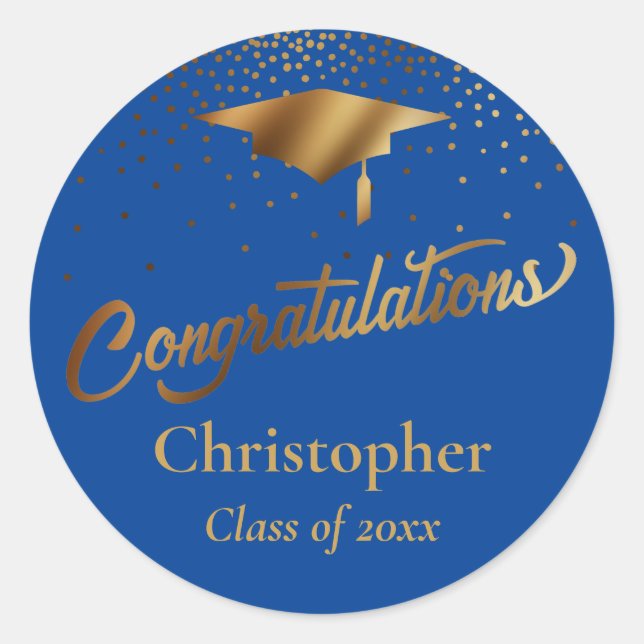 Congratulations Graduate, Class of Gold on Blue Classic Round Sticker (Front)