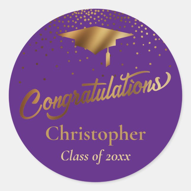 Congratulations Graduate, Class of Gold on Purple Classic Round Sticker (Front)
