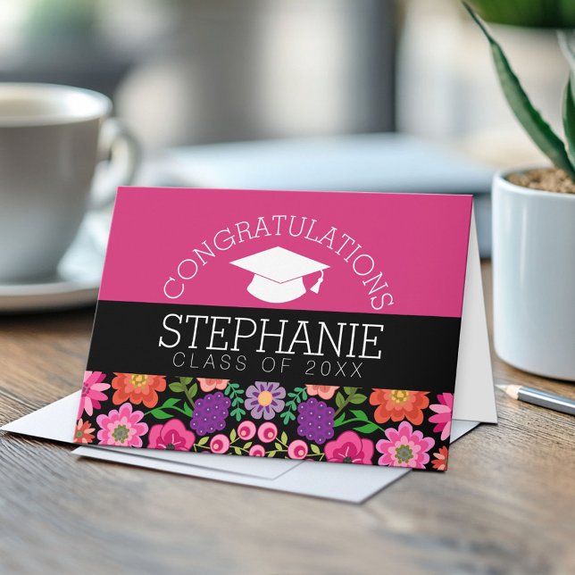 Congratulations Graduate Girly Flowers Graduation Card (Custom, Personalized Graduation Congratulations - Folded Greeting Card)