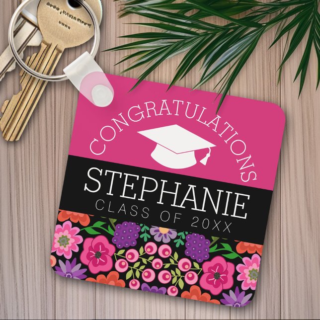 Congratulations Graduate Girly Flowers Graduation Key Ring (Personalized keychain - Congratulations Graduate)