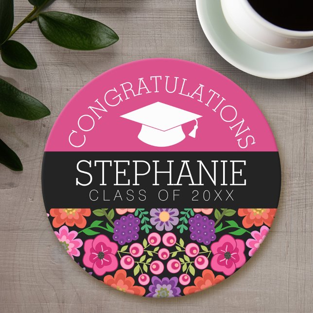 Congratulations Graduate Girly Flowers Graduation Round Paper Coaster (Personalized coaster - Graduation Party)